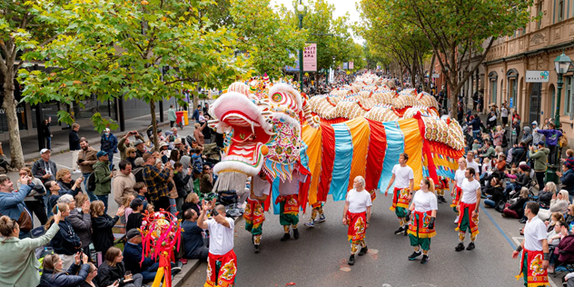 a very long dragon for lunar new year snaking down the street